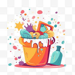 洗剪贴画清洁桶与彩色飞溅和玩具