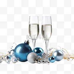 蓝色的香槟杯和圣诞小玩意