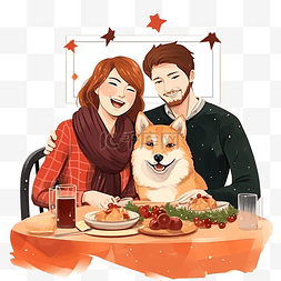 坐在餐桌前图片_幸福的年轻情侣与秋田狗坐在节日