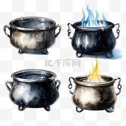 沸腾的火图片_一套钢制黑色大锅，配有沸腾的魔