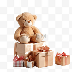 盒子里的礼物和圣诞树下的泰迪熊
