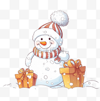 有趣的雪人，带着一大袋魔法礼物，在下雪的冬日送给小孩子