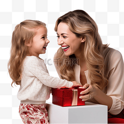 快乐的妈妈带着孩子看着圣诞礼品