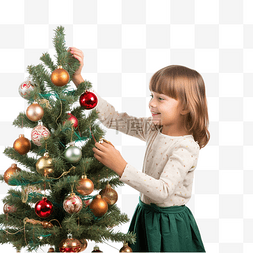 用玩具和小玩意装饰圣诞树的小女