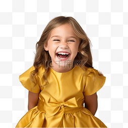 黄色圣诞树图片_穿着黄色裙子的快乐小女孩笑着圣