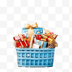 圣诞节购物图片_蓝色表面购物篮中的圣诞礼品盒