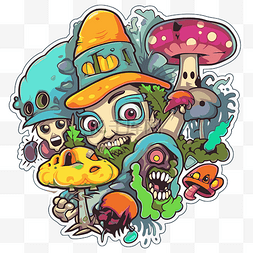 蘑菇周围有多个外星人角色的贴纸