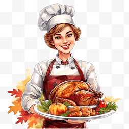 拿菜单的厨师图片_感恩节快乐女厨师拿着火鸡餐厅秋