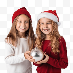一个戴着圣诞帽的女孩向她的妹妹