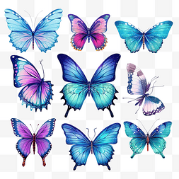 一套热带蓝色紫色彩色蝴蝶用于打