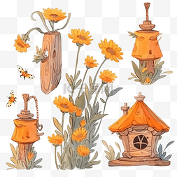 黏的图片_蜜蜂黄金盏花蜂蜜收藏水彩画的旧