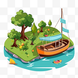 海陸图片_划船剪贴画卡通插图的船在岛上 