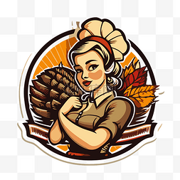 感恩节复古插图，一个女人拿着松