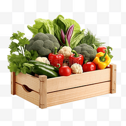 新鲜的蔬菜水果图片_木盒与新鲜健康的蔬菜卡通 3D 渲