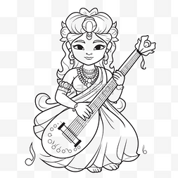 白墙黑瓦图片_印度婴儿着色页与她的吉他 向量