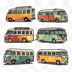 一组 vintage vw bus 插图 向量