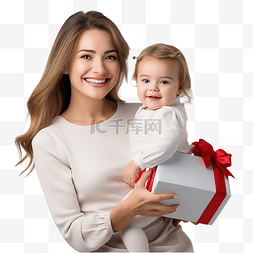 快乐的母亲和女婴在家拿着圣诞礼