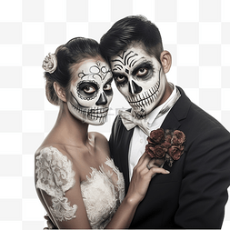 骷髅化妆图片_一对带着骷髅的新婚夫妇为万圣节