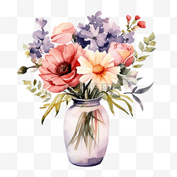 水彩花插在花瓶里的剪贴画