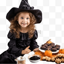 穿着女巫服装的漂亮小女孩吃饼干