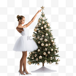 穿着白色芭蕾舞短裙装饰圣诞树的