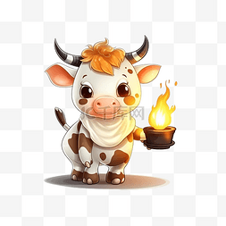 牛吉祥物图片_可爱万圣节南瓜头牛插画举着火把