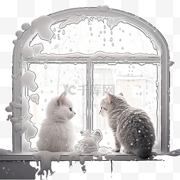 白雪皑皑卡通图片_好奇的小猫透过窗户看着一只有趣