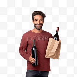 葡萄酒店铺图片_纸袋里装着一瓶酒的男子从杂货店