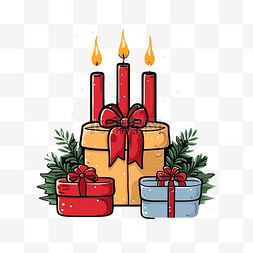 圣诞快乐贺卡，配有蜡烛和礼物矢