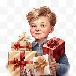 圣诞节早晨，快乐的男孩拿着礼物