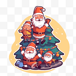圣诞老人和三个小精灵坐在圣诞树