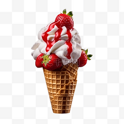 红草莓上的甜甜筒冰淇淋