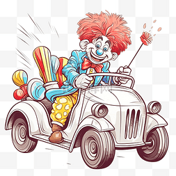 卡通可爱汽车图片_身着漫画套装友善微笑的小丑在马