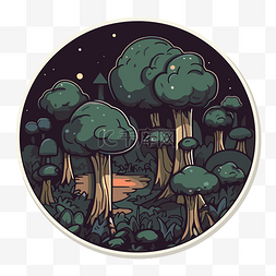蘑菇山背景与树木和夜空 向量