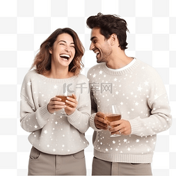 穿着喜服的情侣图片_圣诞节概念 穿着毛衣的快乐年轻