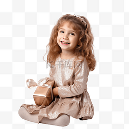 快乐的小女孩坐在圣诞树旁，带着