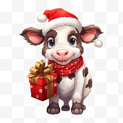 圣诞雪帽图片_穿着圣诞老人套装的漂亮卡通牛正
