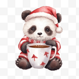 手绘动物新年图片_可爱的熊猫在圣诞老人服装在杯水