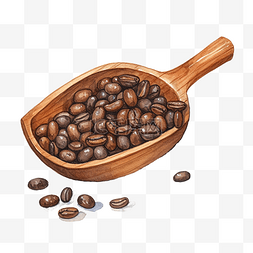 木勺图片_木勺中的水彩烘焙咖啡豆