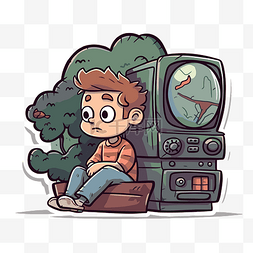 卡通男孩玩旧电视机和一棵树剪贴