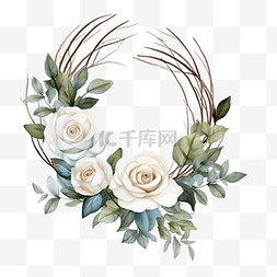 干玫瑰花束图片_干树枝花圈框架上的水彩白玫瑰花