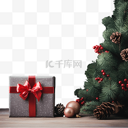圣诞礼品盒和松树，黑色圣诞装饰