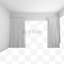 白色3d立方体图片_带窗框窗帘 3D 渲染的空房间的 3D 