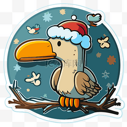 树枝上有一只鸟戴着圣诞老人帽子
