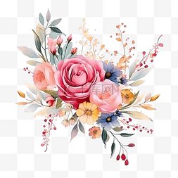 带粉图片_松散的水彩彩色玫瑰和野花花束，