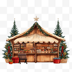 卡通小木房子图片_城市冬季节日集市上的圣诞树和市