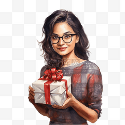 戴眼镜的女人图片_圣诞树附近戴眼镜的印度女孩拿着