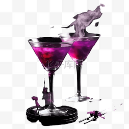 酒杯上的酒图片_黑暗中万圣节派对上的两杯紫色鸡