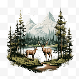 森林和鹿景观的 png 插图
