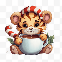 可爱的小老虎图片_可爱的老虎角色坐在杯子里圣诞有